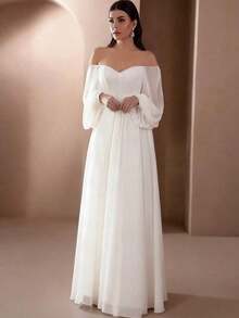 Women's Solid Color Off Shoulder Lantern Sleeve Casual Wedding Dress Spring White - Navy Blue - View 8