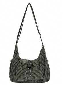 Plaid Women's Shoulder Bag, Casual Versatile Foldable Zipper Closure Adjustable Strap Tote Bag, Suitable For Daily Use, School/College Students, Simple & Cute Pleated Multi-Pocket Drawstring Front Pocket Cloth Bag , Kawaii , Beach - 彩色 - 查看 5