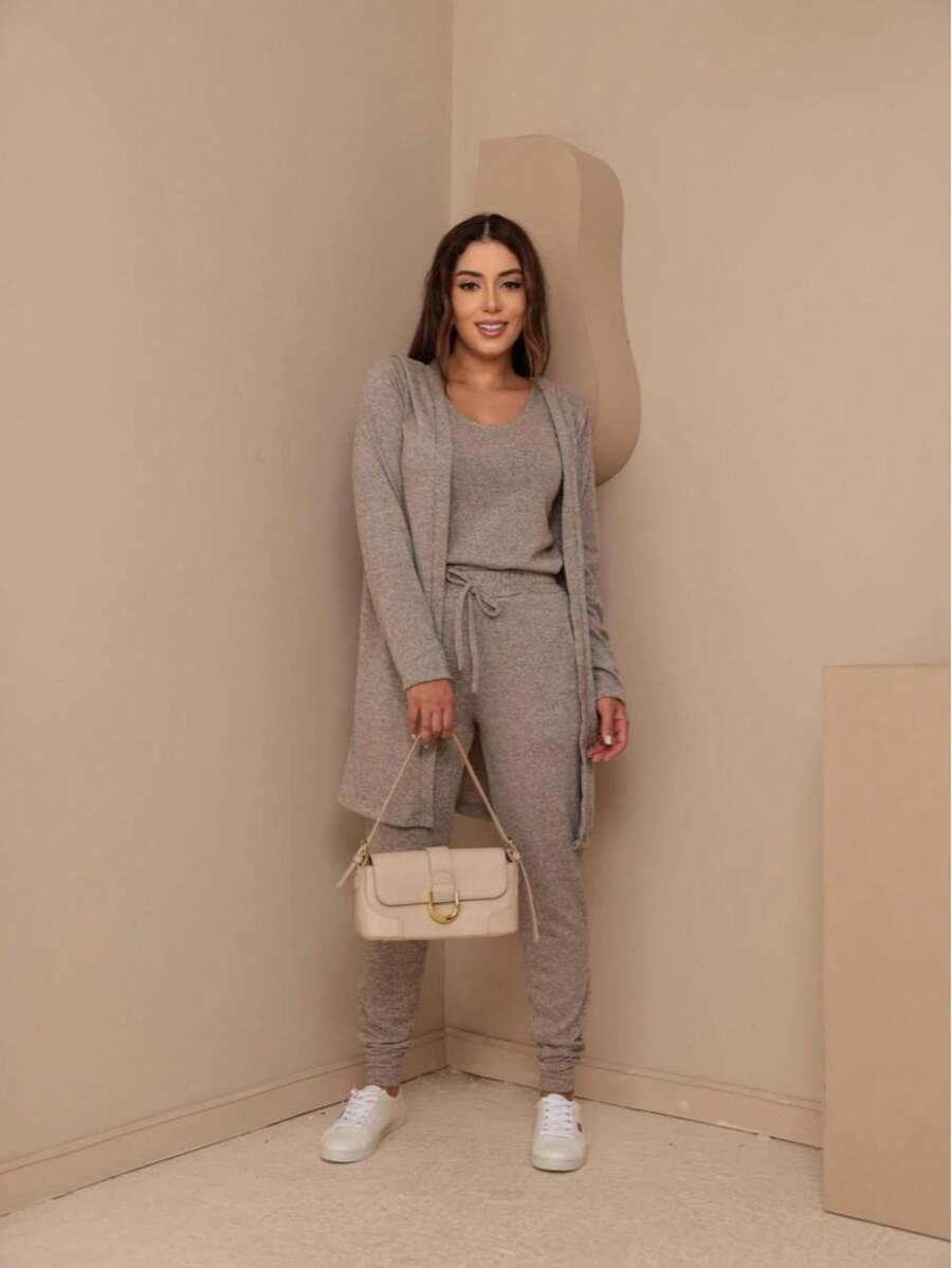 Women's Lanzinha 3-Piece Set: Tank Top, Cardigan, And Pants - 沙米色 - 查看 1