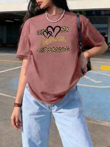 Summer TopsWomen's Summer New Simple Slogan Print Casual Vacation Style Loose Fit Round Neck Short Sleeve T-Shirt, Fashionable Everyday Top, Suitable - 中紫紅色 - 查看 8