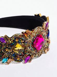 1件装奢华宽版镶钻水晶发箍，夏季，发饰，节日 - 738-黑彩 - 查看 4