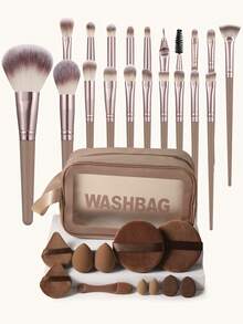 Bộ dụng cụ trang điểm 32 món bao gồm: Bộ 20 cọ trang điểm + 2 bông mút trang điểm + 2 bông phấn tam giác + 2 bông mút rửa mặt + 2 bông mút trang điểm mini + 2 bông phấn nền mini + 1 cọ rửa mũi + 1 túi đựng mỹ phẩm và đồ dùng cá nhân đa năng có khóa kéo chống thấm nước - màu nâu - Xem 1
