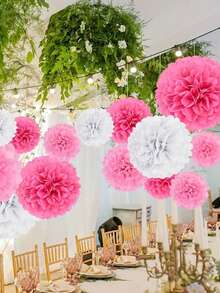8pcs Fuchsia & Light Pink Paper Flower Balls Set, Fluffy Paper Flowers For Birthday Party Hanging Decor, Suitable For Scene Decoration, Home Decor, Room Decor, Birthday Party, Wedding Gift, Graduation Gift, Christmas Decoration - Rose Red Set - View 3