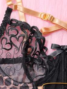 Bộ đồ lót nữ gợi cảm họa tiết da báo gồm áo ngực nâng ngực buộc dây, dây nịt và quần lọt khe. - màu đen - Xem 9