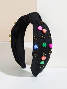 1 pieza Nuevo accesorio de diadema de verano con decoración de corazón de color caramelo, con incrustaciones de rhinestone y nudos, dulce y fresco, adecuado como accesorio de vestimenta para vacaciones en la playa de niñas - Negro - Ver 1