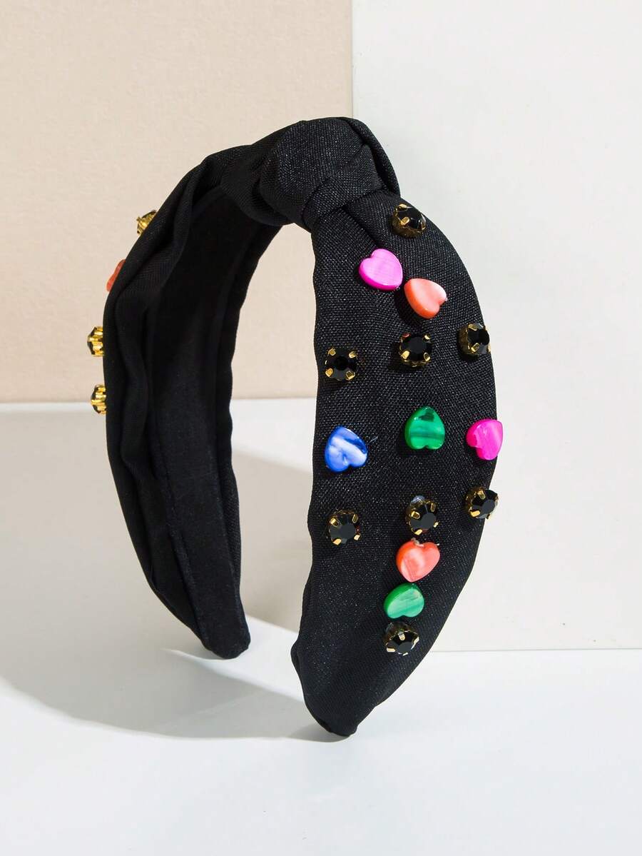 1 pieza Nuevo accesorio de diadema de verano con decoración de corazón de color caramelo, con incrustaciones de rhinestone y nudos, dulce y fresco, adecuado como accesorio de vestimenta para vacaciones en la playa de niñas - Negro - Ver 1