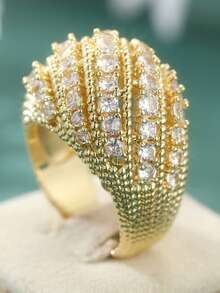Elegant Synthetic Zirconia Inlaid Copper Ring, Suitable For Parties, Vacations And Daily Wear, Luxury Jewelry, Party Jewelry And Luxury Style Accessories For Summer - Gold - View 8