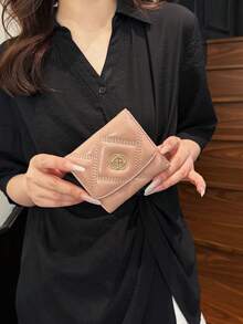 Ví da nữ dạng gập ba, họa tiết lưới kim cương. - Hồng - Xem 2