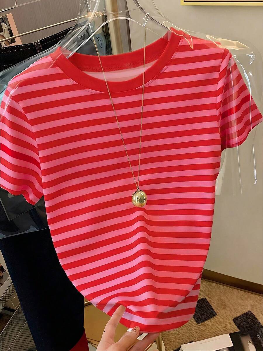经典百搭杏色和棕色条纹优雅夏季女装，休闲圆领短袖T恤 - 紅色 - 查看 1
