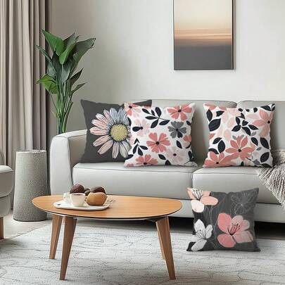 Bộ 4 vỏ gối trang trí bằng nhung in hoa màu xám, 100% polyester, dùng trang trí phòng khách, sofa, phòng ngủ, không kèm ruột gối, kích thước 16"X16"/18"X18"/20"X20"