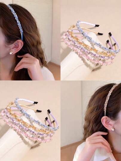 1件可爱甜美水钻亚克力串珠细发箍，优雅防滑发圈，适合日常和派对佩戴
