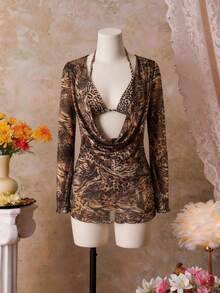 豹纹系带性感比基尼上衣，铆钉抹胸泳装，豹纹波西米亚风优雅性感露背系带沙滩度假派对连衣裙 - 棕色 - 查看 1