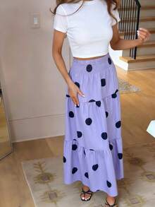 女士时尚舒适弹力腰荷叶边波点层叠轻薄半身裙 - 淡紫色 - 查看 1