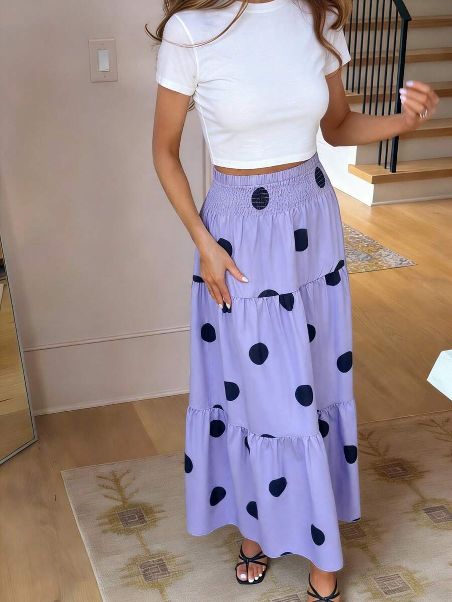 女士时尚舒适弹力腰荷叶边波点层叠轻薄半身裙 - 淡紫色 - 查看 1