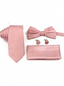 Bộ 5 món phụ kiện cho phù rể bao gồm cà vạt, nơ, khăn cài túi áo, khuy măng sét, màu hồng nhạt, phụ kiện vest cưới. - Bụi hồng - Xem 1