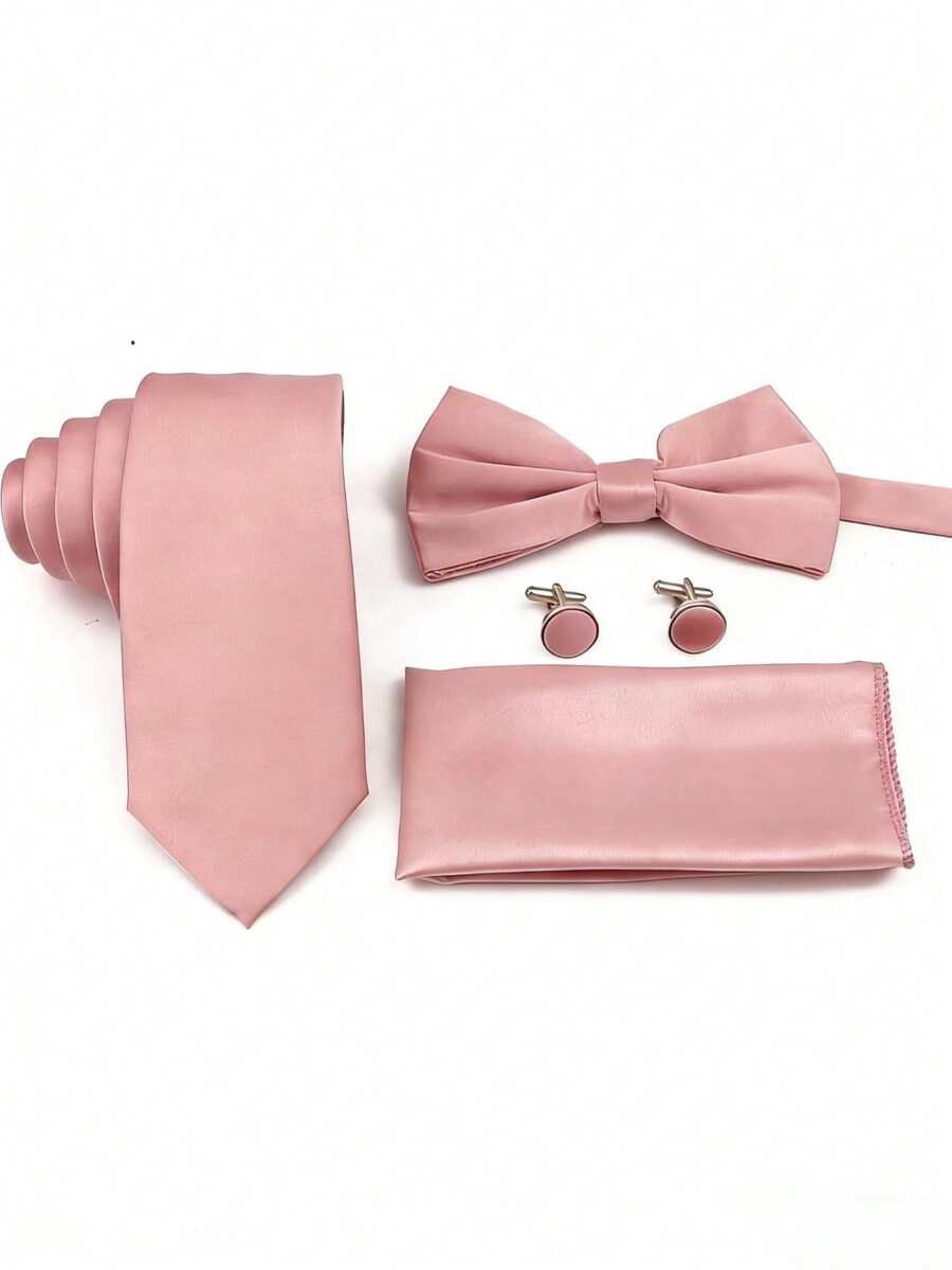 5件套伴郎领带套装，包括领带、领结、口袋巾、袖扣，淡粉色西装配饰，婚礼服装 - 藕粉色 - 查看 1