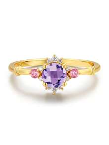 BALMORA 1pc Rose Queen S925 Silver Plated 18K Gold Vintage Ruby Zirconia Pure Silver Ring, Exquisite & Elegant Gift For Girls - Gold - View 3