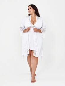Luxury Lace Robe, Plus Size, Bathrobe - BRANCO - View 1