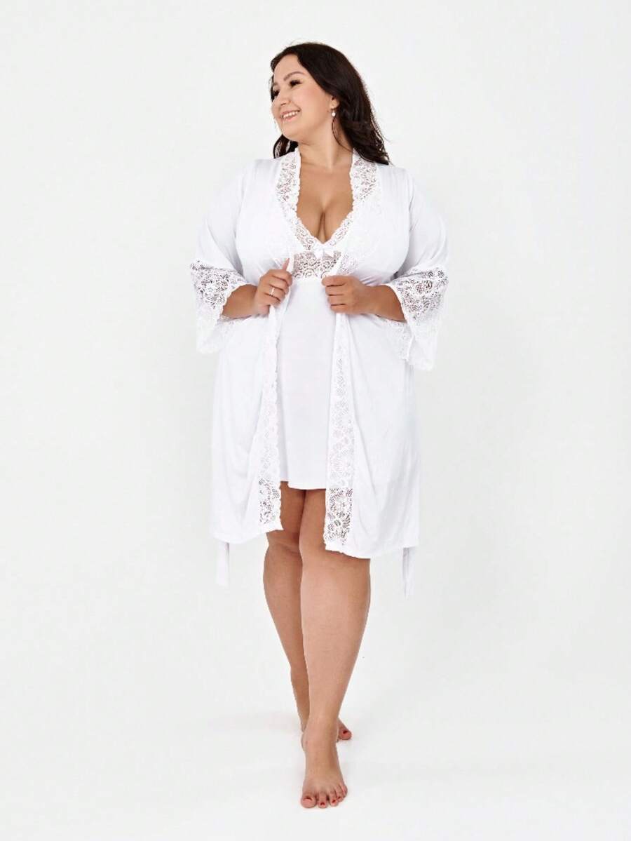 Luxury Lace Robe, Plus Size, Bathrobe - BRANCO - View 1