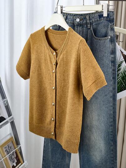 Women's Gray Button Cardigan - Casual Fashionable Short Sleeve Cardigan, Stretchy, H-Shaped Silhouette, Suitable For Spring And Summer, Ribbed Detail Design, Button Closure, Breathable Fabric, Cardigan Style, Essential Spring/Summer Item