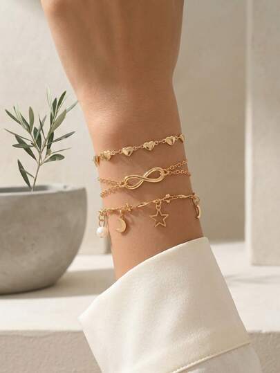 3pcs/Set Stylish Star, Moon & Tassel Bracelet Set, Versatile Heart & Infinity Symbol Decor Multi-Layer Jewelry Suit, Suitable For Women Vacation, Date, Daily Wear. Chain Length Can Be Customized By Cutting Links.