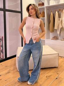 Solid Color Front Button Fitted Round Neck Sleeveless Elegant Tank Top, Summer - Pink - View 3