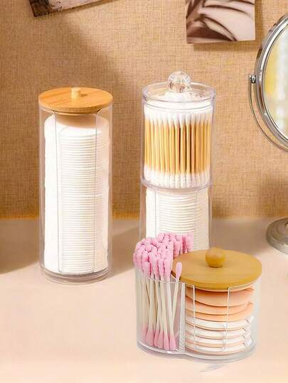 4/2/1pc Wooden Lid Cotton Swab Box, Cosmetics Organizer, Makeup Remover Pad Jar, Rubber Band Storage Box, Cotton Swab Dust-Proof Container, Floss And Toothpick Storage Bottle, Essential Items For Bathroom, Bedroom And Dormitory, Back-To-School Season Gift, Mother's Day Gift, Gift For Mom. Graduation Season, Back-To-School Season, Beach Season