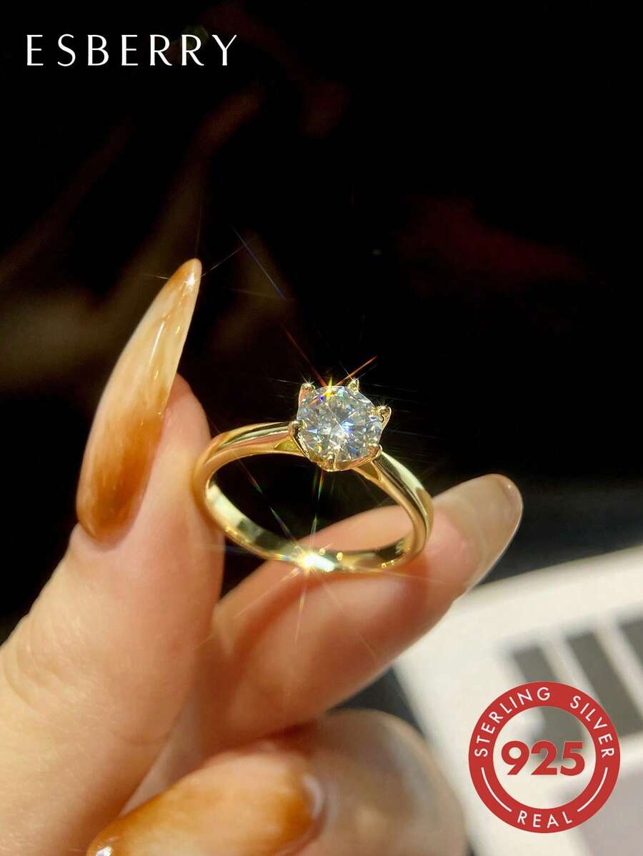 ESBERRY 1枚S925纯银1克拉闪耀经典六爪镶嵌莫桑石订婚戒指/结婚戒指/圆形承诺戒指/永恒戒指/周年纪念戒指，奢华珠宝礼品，女士钻石戒指