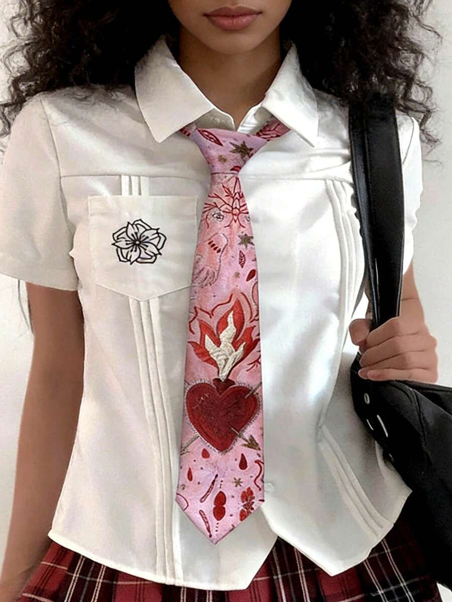 1条Y2K个性化火焰爱心领带，红色爱心丝绸手工领带，可搭配休闲、街头、日常、派对、校园服装 - 彩色 - 查看 1