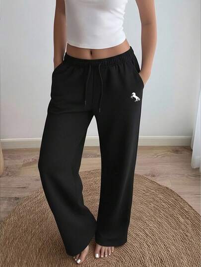 女士秋冬抽绳腰带马匹印花口袋休闲户外运动裤