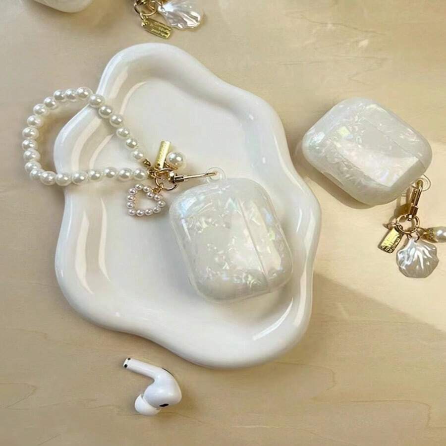 1pc Premium Shell Pattern + Pearl Hanging Chain Earphone Case Compatible For Airpods 1/2/ 3/4/Pro/Pro 2/Pro 3, Shock-Proof Protective Cover - Heart Pearl Bracelet - View 1