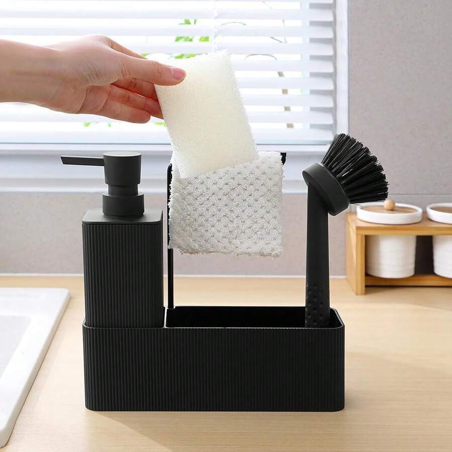 4-In-1 Kitchen Soap Dispenser Set - Soap Dispenser, Brush, Sponge Holder, Towel Rack (Striped Black) - 4-in-1 Black Stripes - View 1