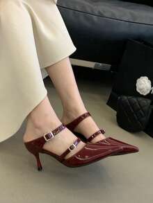 春夏百搭尖头酒红色高跟鞋，性感优雅露跟穆勒凉鞋，女士款 - 復古紅色 - 查看 2
