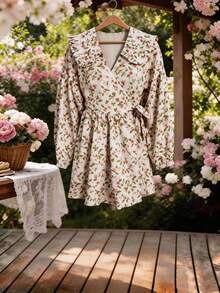 Damen süßes Blümchen-Kleid, Peter-Pan-Kragen, Rüschenbesatz an Ärmeln und Saum, kurzes Lässig-Kleid, geeignet für Urlaub, Alltag, Büro, Date, französischer Street-Style, vielseitig tragbar, bezauberndes Sommerkleid, Damen Lässig-Kleid, Damen Blumenkleid, Damen Kurzkleid, Damen Langarmkleid, bedrucktes Kleid, elegantes Lässig-Urlaubskleid Frühling Weiß - Weiss - Übersicht 2