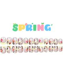 24片/套 方形春夏黄色法式郁金香花朵短款美甲贴片，适合辣妹、OL、派对、约会和日常佩戴 - 彩色 - 查看 3