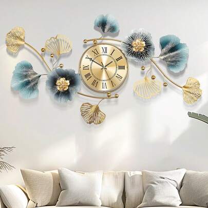 Golden Modern 3D Ginkgo Leaf Decoration Wall Clocks, 37x20 Inche Large Wall Clocks, Silent Creative Decorative Clock, Creative Metal Flower Wall Clock, For Living Room Bedroom Kitchen