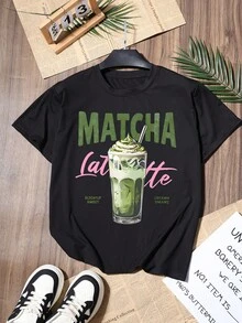 1pcs Women's T-Shirt, Matcha Lovers' Casual Fashion Loose Round-Neck Short-Sleeve Pink T-Shirt For Women, Short-Sleeve Round-Neck Casual Top Women's C - 黑色 - 查看 2