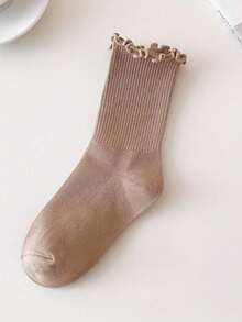 6 Pairs Women's Solid Color Mid-Calf Socks With Ruffle Trim, Soft Stacked Ribbed Texture, 6 Neutral Tones, Suitable For Casual And Formal Outfits, Comfortable Daily Wear, Cute Design, Elegant Socks - Multicolor - View 7