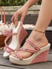 Women's Mule Platform Sandals, Metal Decor Slip-On Waterproof Wedge Casual Summer Shoes - Pink - View 6