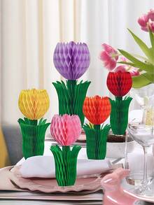 3pcs Tulip Flower Center Decorations, Paper Tulip Honeycomb Decor, Spring Home Decor, Pink & Yellow Flowers, Suitable For Office, Garden Party, Dining Table Center, Mother's Day, Spring Hanging Decor - Multicolor - View 9