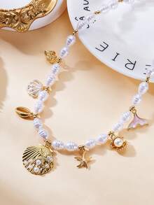 1pc Summer Beach Vacation Style Irregular Pearl, Shell, Starfish, Fish Tail Rhinestone Pendant Beaded Necklace, Suitable For Beach, Vacation, Daily Wear, Party, Gift For Friends, Mermaid Accessory - Yellow Gold - View 2