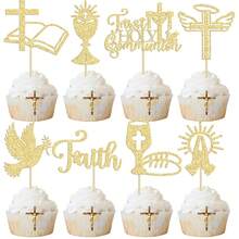 16 chiếc que giấy trang trí bánh cupcake chủ đề Lễ Rước Lễ lần đầu, chim bồ câu lấp lánh, lời chúc "Chúa ban phước", hình thánh giá, thích hợp trang trí bánh cupcake cho các bữa tiệc theo chủ đề Lễ Rước Lễ lần đầu, Lễ Rửa Tội, Lễ Ban Phép Thánh Thể. - Nhiều màu - Xem 1