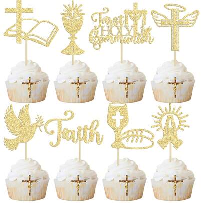 16 chiếc que giấy trang trí bánh cupcake chủ đề Lễ Rước Lễ lần đầu, chim bồ câu lấp lánh, lời chúc "Chúa ban phước", hình thánh giá, thích hợp trang trí bánh cupcake cho các bữa tiệc theo chủ đề Lễ Rước Lễ lần đầu, Lễ Rửa Tội, Lễ Ban Phép Thánh Thể.