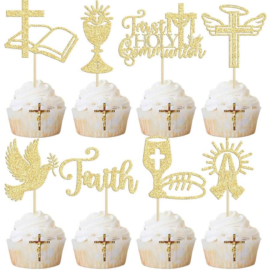 16 chiếc que giấy trang trí bánh cupcake chủ đề Lễ Rước Lễ lần đầu, chim bồ câu lấp lánh, lời chúc "Chúa ban phước", hình thánh giá, thích hợp trang trí bánh cupcake cho các bữa tiệc theo chủ đề Lễ Rước Lễ lần đầu, Lễ Rửa Tội, Lễ Ban Phép Thánh Thể. - Nhiều màu - Xem 1