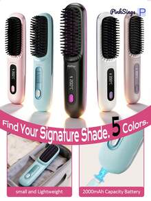 PinkSings 无绳直发梳，带液晶显示屏，温度可调，便携式迷你直发器，旅行必备，负离子热风梳，女士造型工具，防烫伤，陶瓷涂层 - 黑色 - 查看 11