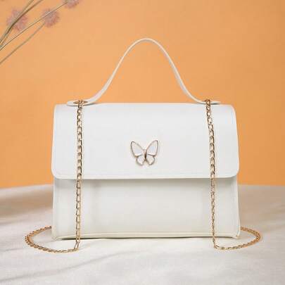 时尚链条装饰小方包，蝴蝶点缀单肩斜挎包，女士日常手提包
