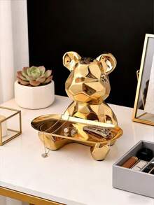 1pc Abstract Ceramic Electroplated Bear Sculpture With Tray Storage Organizer, Key And Cosmetic Storage Plate, Decorative Statue With Coin Bank And Bookshelf. Best Gifts Birthday Graduation - Gold - View 3