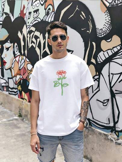 Red Green Neon Rose Stem Leaves Glow Graphic 100% Cotton Versatile Summer T-Shirts For Men Women Black White Short Sleeve Cool Casual Daily Wear Home Outdoor S-3XL