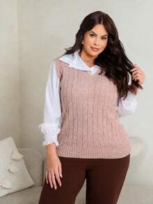 Plus Size Knitted Braided V-Neck Vest For Women - Autumn/Winter - Elegant - 查看 2
