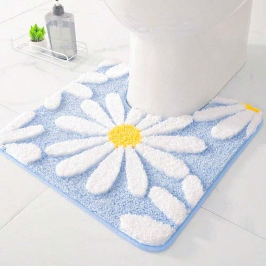 QJHOMO - Alfombra de baño en forma de U color azul con contorno blanco 20 x 20 pulgadas extra gruesa suave lavable en máquina antideslizante de microfibra con diseño floral y margaritas - 18 x 18 Forma de U - Ver 1